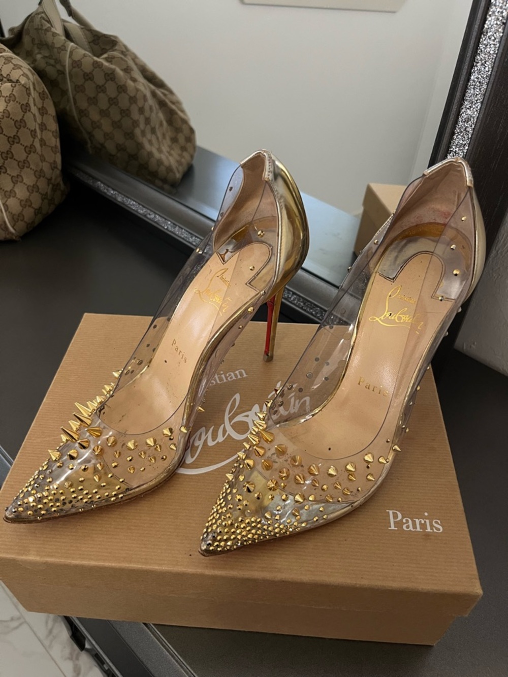 Christian Louboutin Clear PVC Gold Spike Stud Pointed Pumps